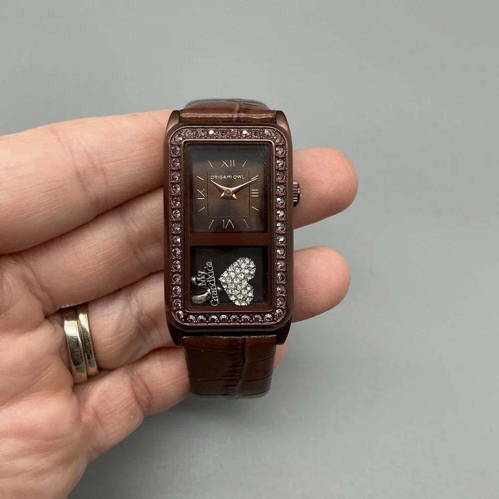 Origami Owl Womens Watch 24mm Chocolate Living Story Teller Crystals New Battery - Picture 5 of 15
